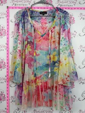 Creation mini dress or long top pleats flowers Multicolor Floral Pleated Tunic
